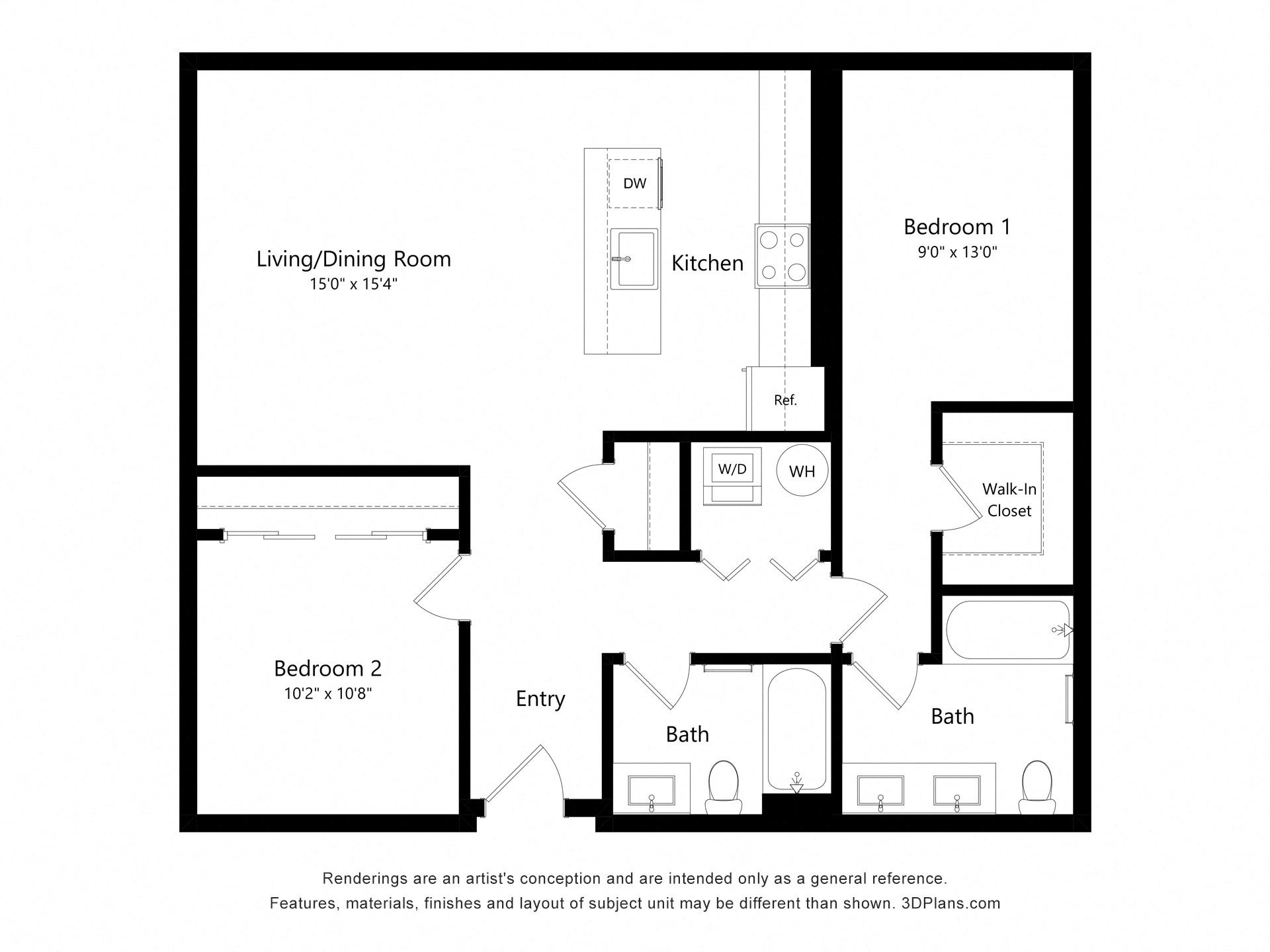 Floor plan for 2 beds, 2 baths, 1078 sqft